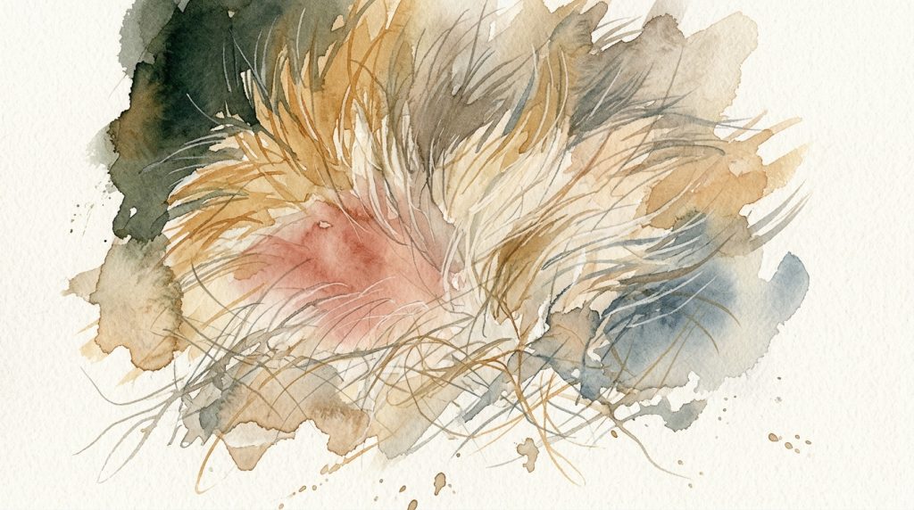 Aquarell: Hundefell in extremer Nahaufnahme, leicht zerwühlt, darunter gerötete Haut sichtbar.