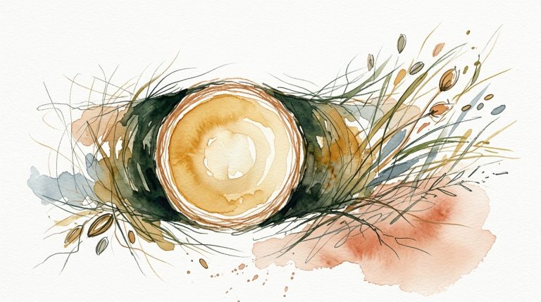 Aquarell-Querschnitt eines Haarschafts mit goldener Innenstruktur, umgeben von botanischen Scribble-Linien und Samen.