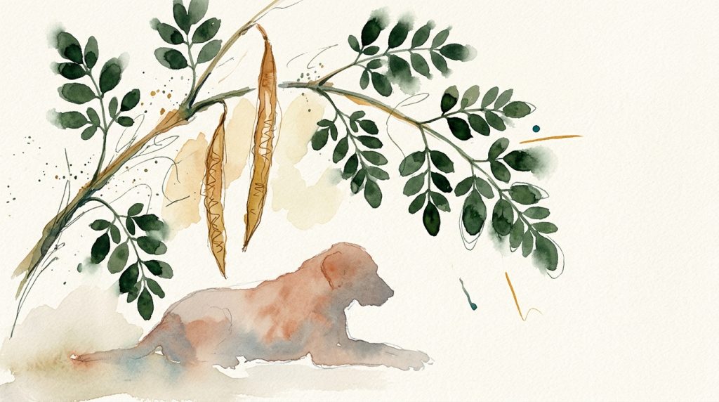 Aquarell: Moringa-Zweig mit Blättern und Schoten über ruhender Hundesilhouette, warme Erdtöne.