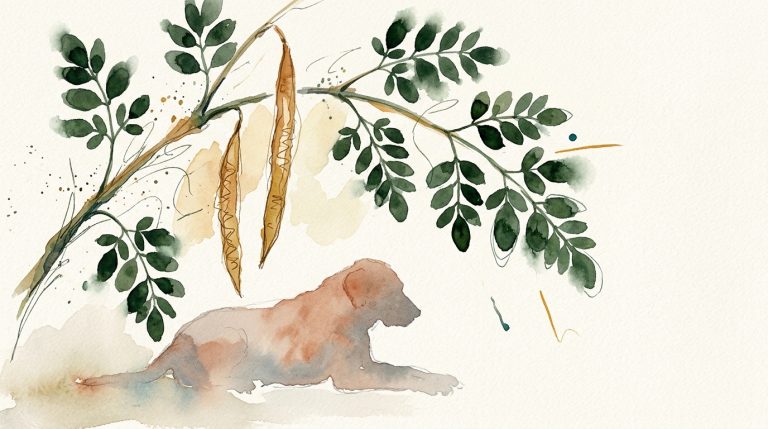 Aquarell: Moringa-Zweig mit Blättern und Schoten über ruhender Hundesilhouette, warme Erdtöne.