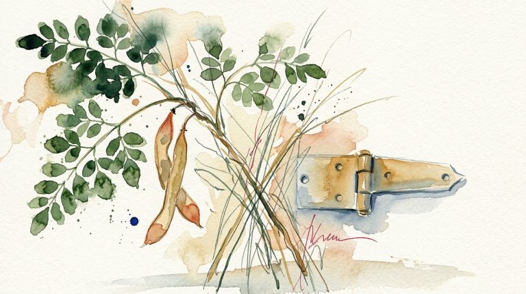 Aquarell: Moringa-Zweig mit Blättern und Schoten neben einer geölten Eisenangel, locker gemalt auf weißem Papier.