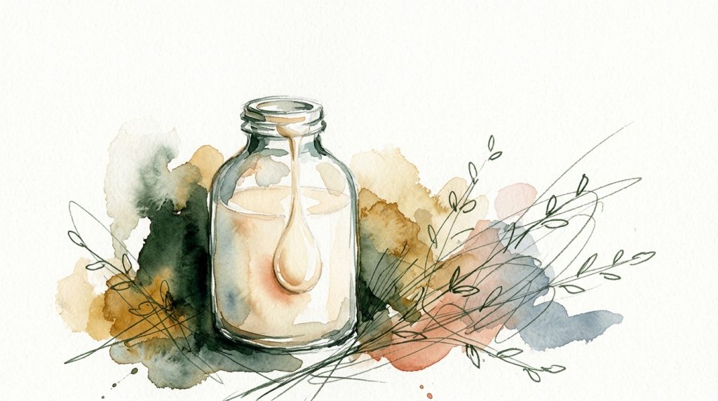 Aquarell: Kleine Glasflasche mit milchig-cremiger Flüssigkeit, ein Tropfen hängt am Flaschenhals, zarte Pflanzenstiele.