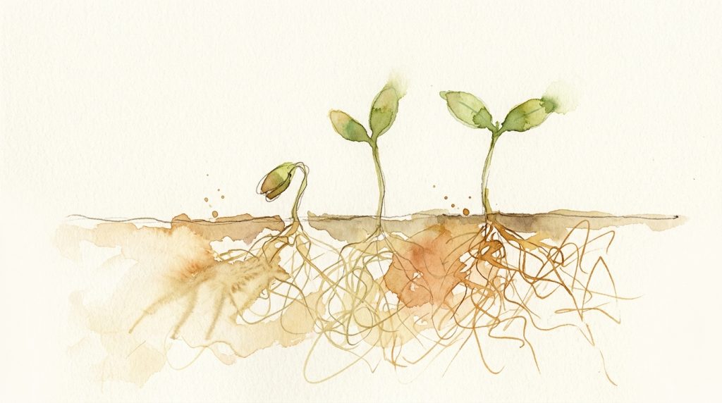 Aquarell: Querschnitt durch Erde mit Wurzelgeflecht unten, drei zarte Keimlinge wachsen nach oben.