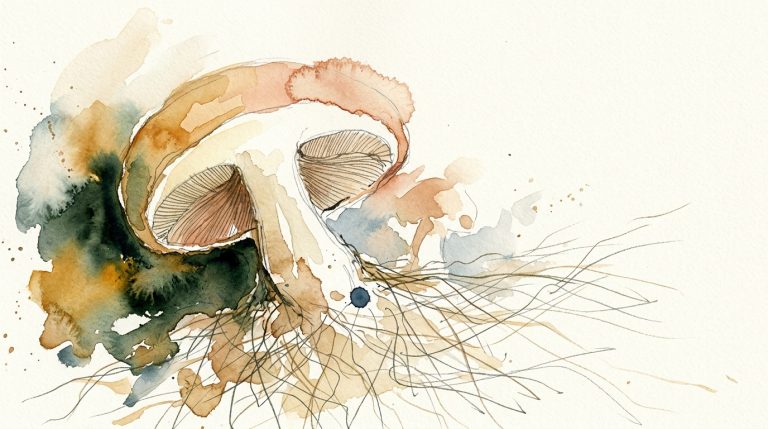 Aquarell: Pilz-Querschnitt mit sichtbaren Lamellen, darunter feines Myzel-Netzwerk auf cremefarbenem Papier.