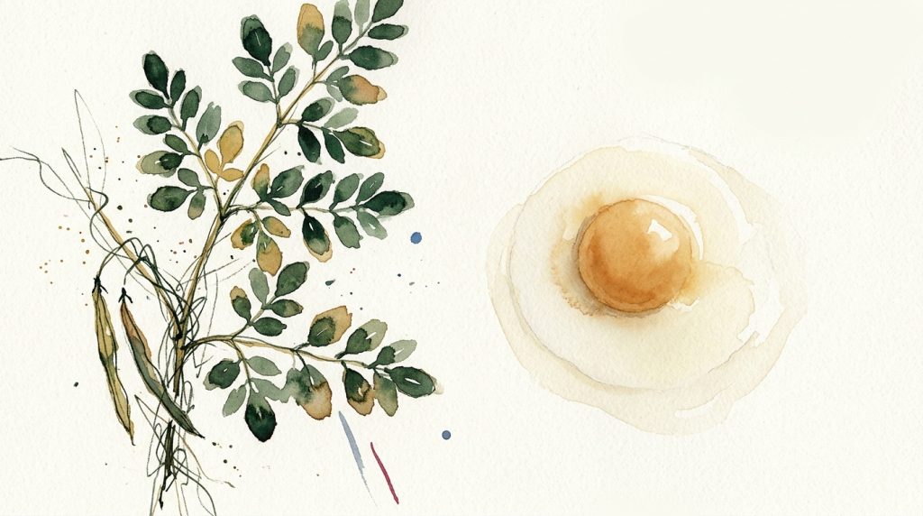 Aquarell: Moringa-Zweig mit Schoten links, aufgeschlagenes rohes Ei rechts, Mitte unbemalt.