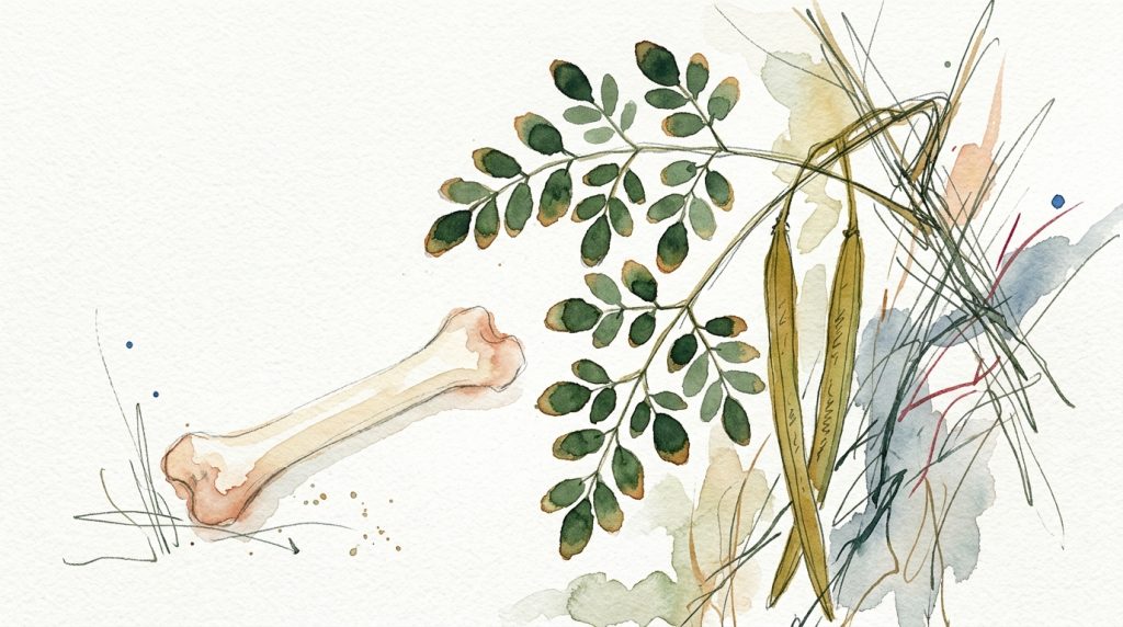 Aquarell: Moringa-Zweig mit Schoten und ein einzelner Knochen nebeneinander auf weißem Papier.