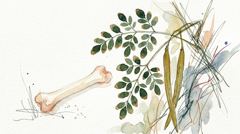 Aquarell: Moringa-Zweig mit Schoten und ein einzelner Knochen nebeneinander auf weißem Papier.