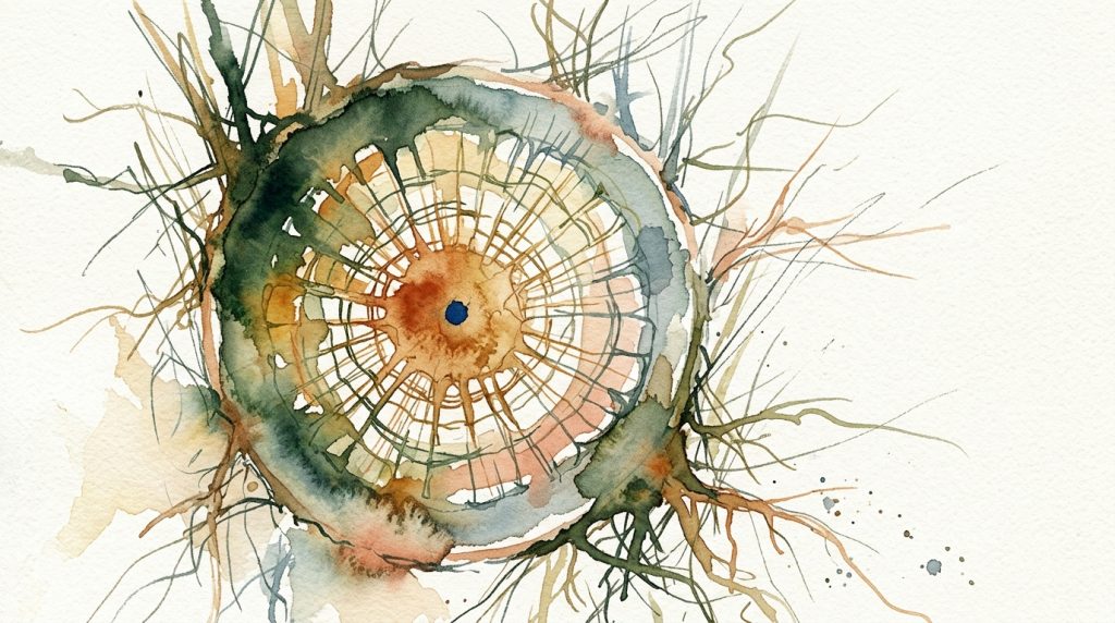 Aquarell-Querschnitt einer Pflanzenwurzel mit sichtbarer Innenstruktur und ausgreifenden Wurzelfasern auf cremefarbenem Papier.