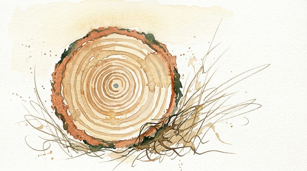 Aquarell eines Astquerschnitts mit sichtbaren Jahresringen, umgeben von losen Graslinien auf cremefarbenem Papier.