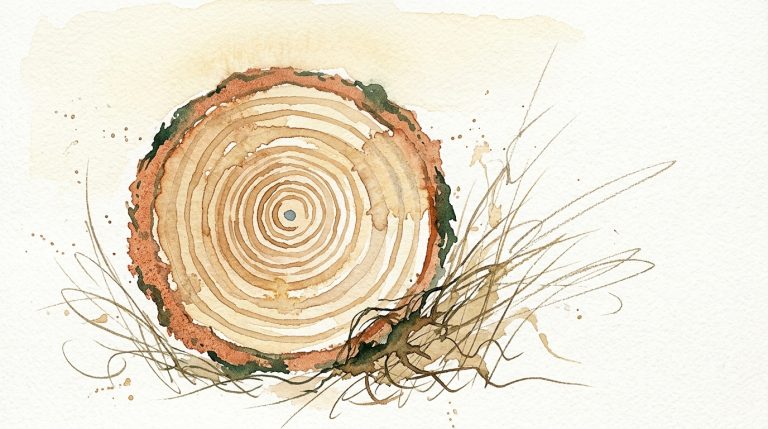Aquarell eines Astquerschnitts mit sichtbaren Jahresringen, umgeben von losen Graslinien auf cremefarbenem Papier.
