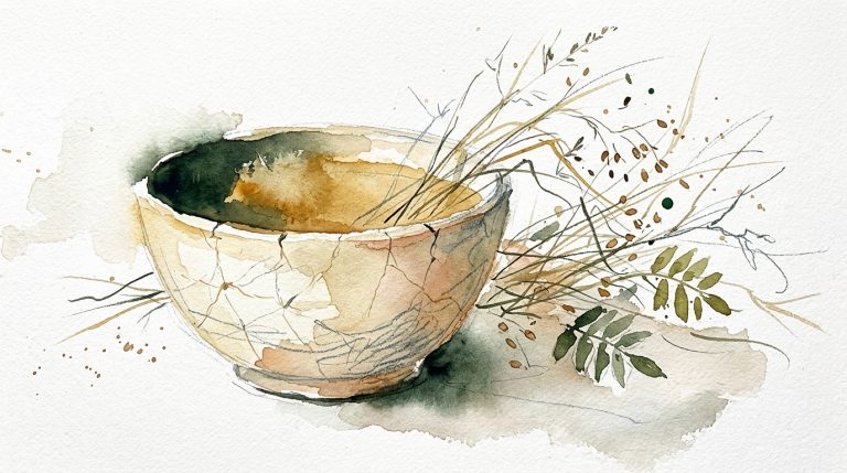 Aquarell: Alte, rissige Keramikschale mit Haarrissen, umgeben von botanischen Gras- und Blattskizzen auf cremefarbenem Papier.