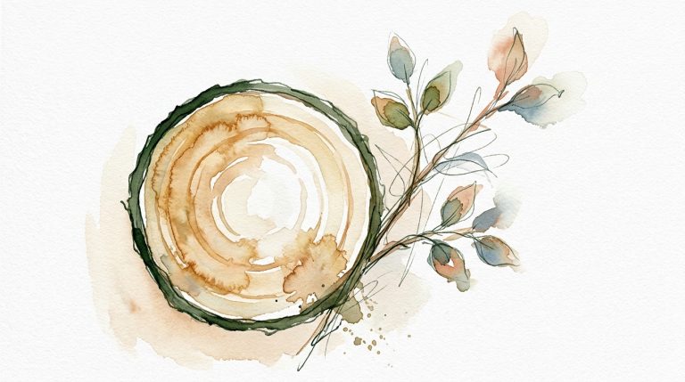 Aquarell: Querschnitt eines jungen Astes mit sichtbaren Wachstumsringen, daneben ein Zweig mit sich entfaltenden Blättern.