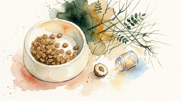 Aquarell: Hundenapf mit Trockenfutter, daneben aufgebrochenes Pellet mit hohlem Inneren und kleines Pulverglas.