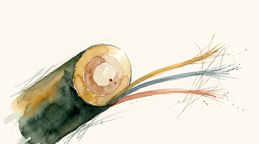 Aquarell: Querschnitt eines Hundehaars mit drei konzentrischen Zonen, daneben drei einzelne lose Fasern in verschiedenen Farbtönen.