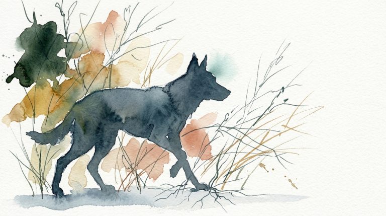 Aquarell: angespannte Hundesilhouette in blaugrau, umgeben von botanischen Gras- und Wurzel-Scribbles auf cremefarbenem Papier.