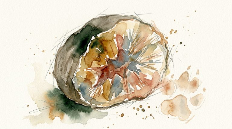 Aquarell: Aufgeschnittener Stein mit leuchtend mineralischem Inneren, daneben ein zartes Pfoten-Abdruck-Motiv.