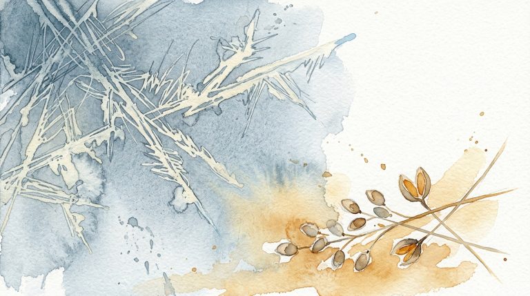 Aquarell: Eisblumen auf Fensterscheibe in Blaugrau, daneben wärmendes Pflanzenzweig mit Samen auf Cremeweiß.