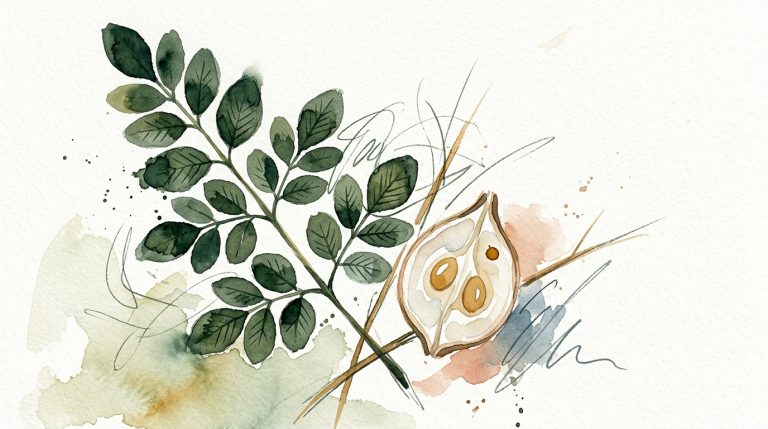 Aquarell: Moringa-Zweig mit Fiederblättern und aufgeschnittene Moringa-Schote, die ihr Inneres zeigt.