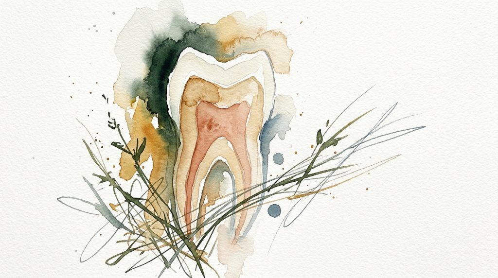 Aquarell-Querschnitt eines Zahns mit sichtbaren Schichten, umgeben von botanischen Linien auf cremefarbenem Papier.