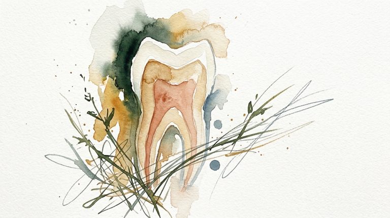 Aquarell-Querschnitt eines Zahns mit sichtbaren Schichten, umgeben von botanischen Linien auf cremefarbenem Papier.