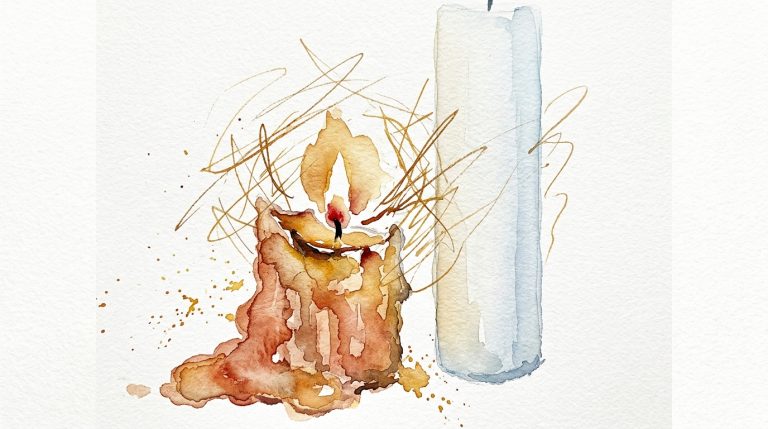 Aquarell zweier Kerzen: links fast abgebrannte, tropfende Kerze mit glühender Flamme, rechts eine hohe unberührte Kerze.