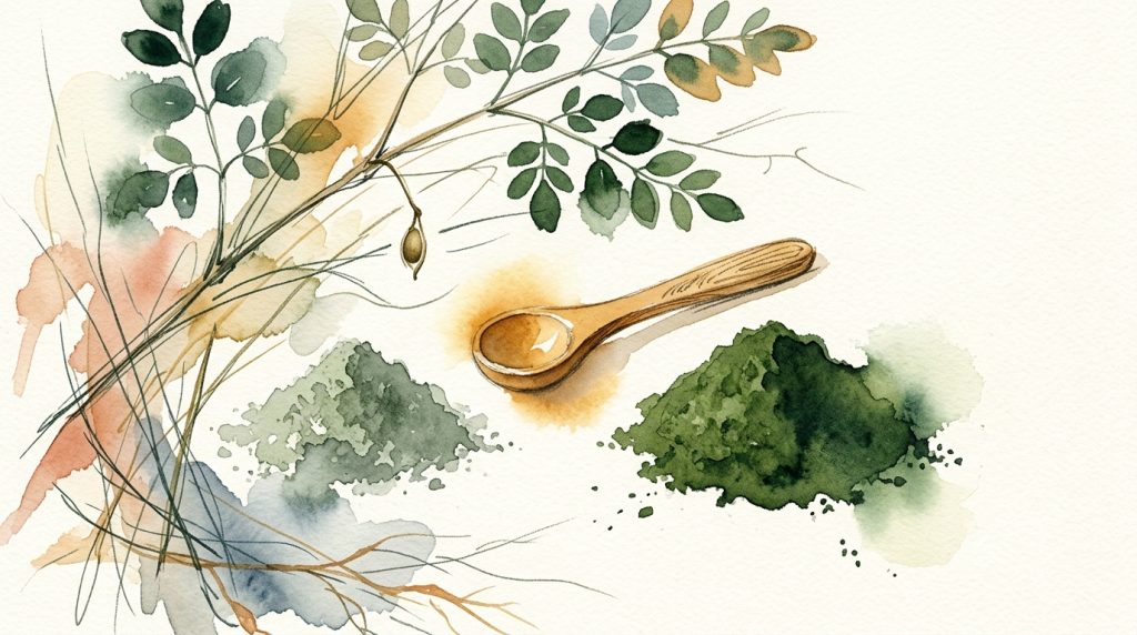 Aquarell: zwei Moringa-Pulverhäufchen unterschiedlicher Größe, ein Holzlöffel, Moringa-Zweig mit Blättern