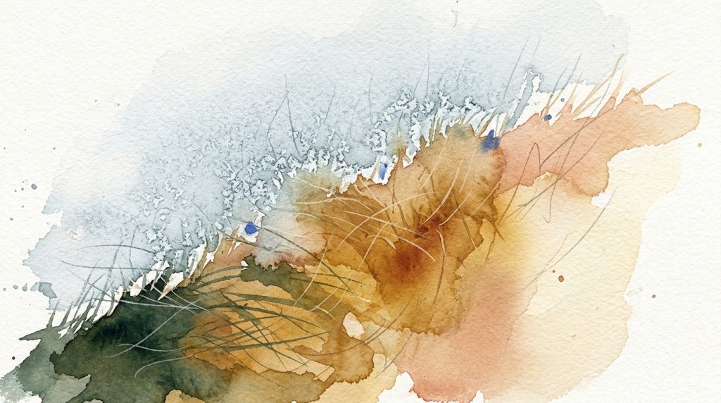 Aquarell: Winterfell im Querschnitt – Frostkristalle außen, warme goldene Tiefe innen, weicher Übergang.