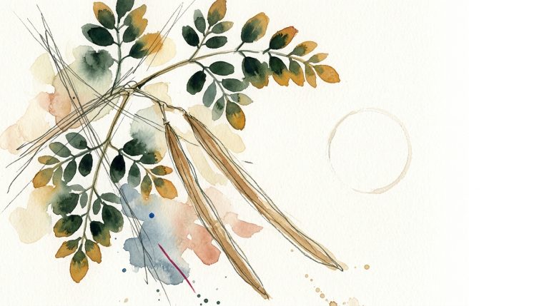 Aquarell: Moringa-Zweig mit Blättern und Schoten links, rechts ein leerer, angedeuteter Kreis auf cremefarbenem Papier.