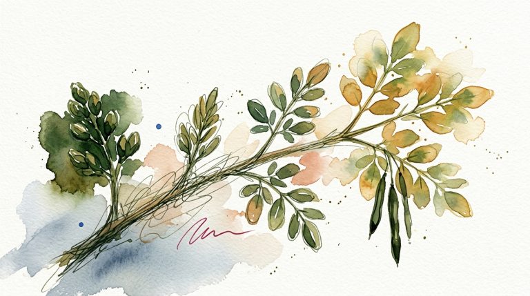 Aquarell eines Moringa-Zweigs: links geschlossene Knospen, rechts voll entfaltete Blätter und Schoten.