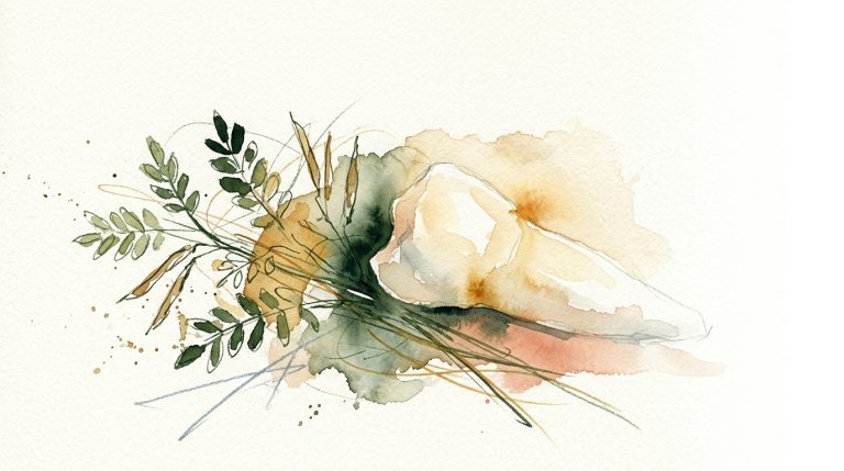 Aquarell eines einzelnen Hundezahns mit botanischen Zweigen und Blättern in Ocker- und Grüntönen.