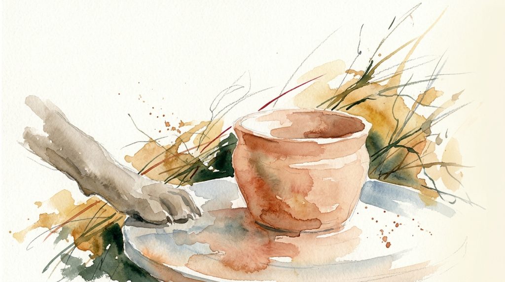 Aquarell: Halb geformter Tontopf auf Töpferscheibe, daneben angedeutete Hundepfote, lockere Scribble-Linien im Hintergrund.