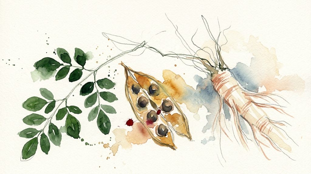 Aquarell: Moringa-Blatt, aufgeschnittene Samenschote mit Kernen und Moringa-Wurzel nebeneinander auf hellem Papier.