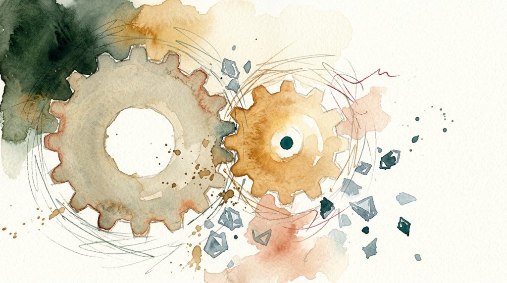 Aquarell zweier ineinandergreifender Zahnräder, eines stumpf-rostig, eines warm-leuchtend, umgeben von mineralischen Kristallsplittern.