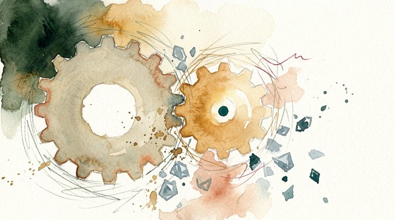 Aquarell zweier ineinandergreifender Zahnräder, eines stumpf-rostig, eines warm-leuchtend, umgeben von mineralischen Kristallsplittern.